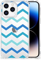 GSM Hoesje Geschikt voor iPhone 14 Pro Trendy Telefoonhoesjes met transparante rand Zigzag Blauw