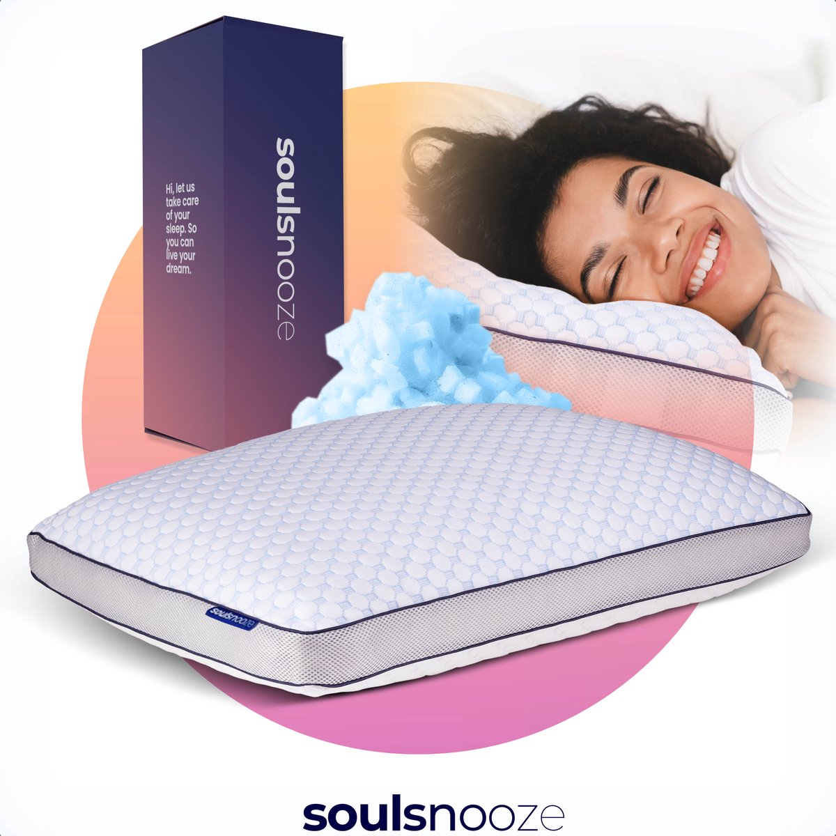 Soulsnooze Memory Foam Hoofdkussen Dawn- Aanpasbaar Design – Hoofdkussens Nekklachten - Geschikt voor rug, zij- en buikslapers - Versnipperd Traagschuim - 50x70cm Wit met blauw design