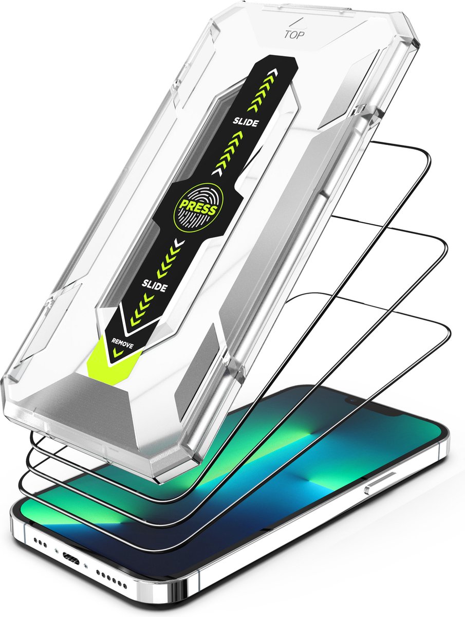 Screenprotector geschikt voor iPhone 14 / 13 / 13 Pro - 3x Volledig Dekkende Full Gehard Glas Tempered Glass Screen Protector + One-Step Montage Frame