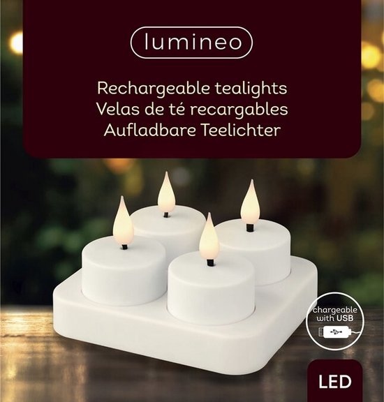 Lumineo - 4 Bougies Chauffe-Plat Rechargeables - Avec Station de Recharge -  Wit