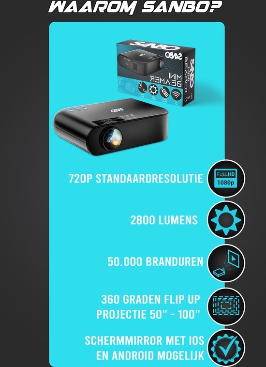 Sanbo Prime Smart Wi-Fi Mini Beamer - Zwart - 2800 lumen - Streamen vanaf je telefoon met wifi - Projector - Sanbo