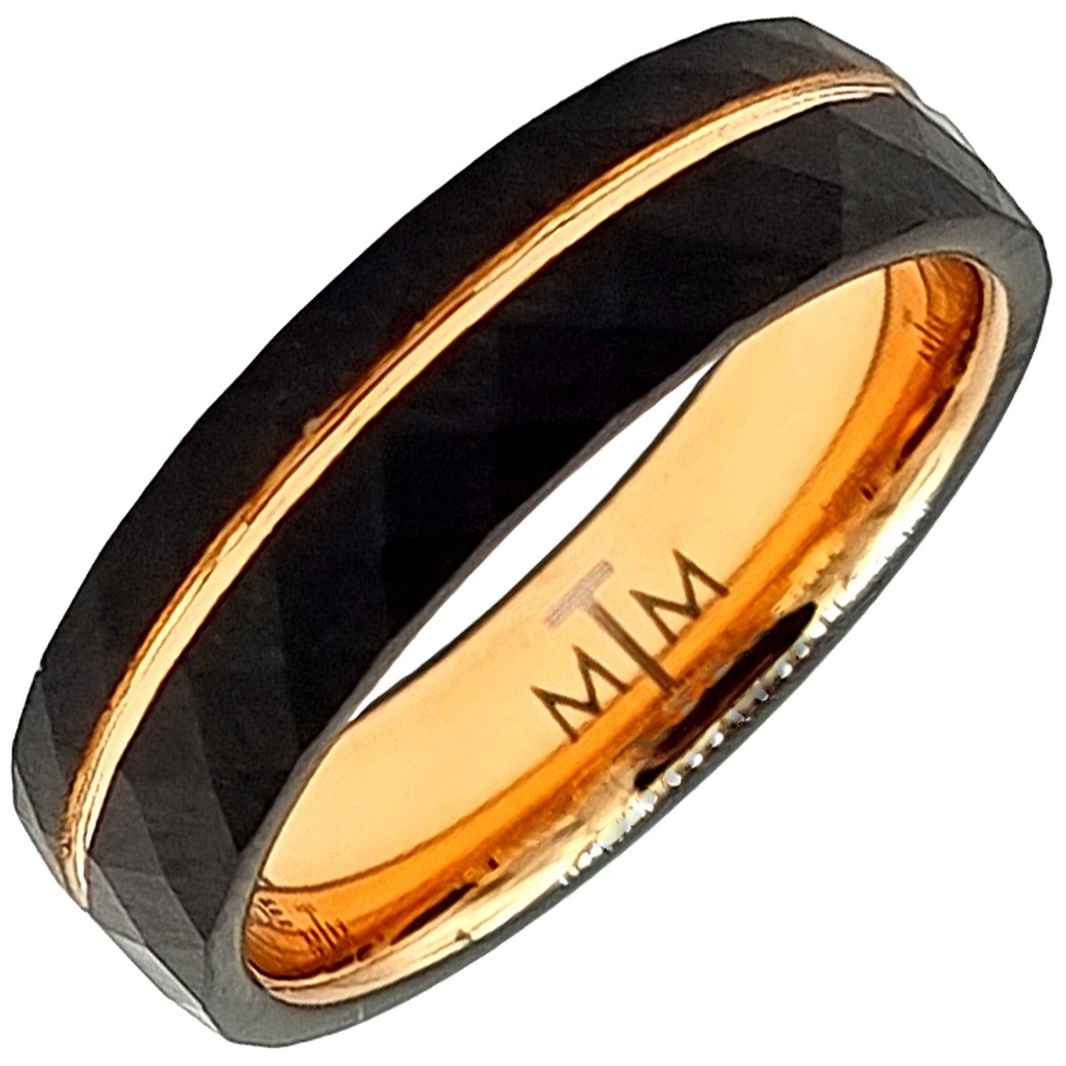 Tesoro Mio Michel – Stoere Facet Geslepen Ring - Wolfraam Carbide Tungsten – Kleur Zwart & Goud – 20 mm / Maat 63