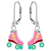 Oorbellen meisje | Zilveren kinder oorbellen | Zilveren oorhangers, roze rolschaats met bliksemschicht