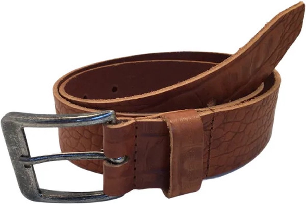 Leren broekriem 4 cm - Leren riem heren/dames - Croco print cognac - Nikkelvrije gesp - Maat 105 - Totale lengte 120 cm