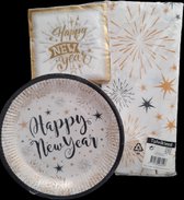Nieuwjaars feestpakket: tafelkleed 180x130 cm, 6 bordjes en 20 servetten goud/zwart - Happy New Year - Oud en Nieuw