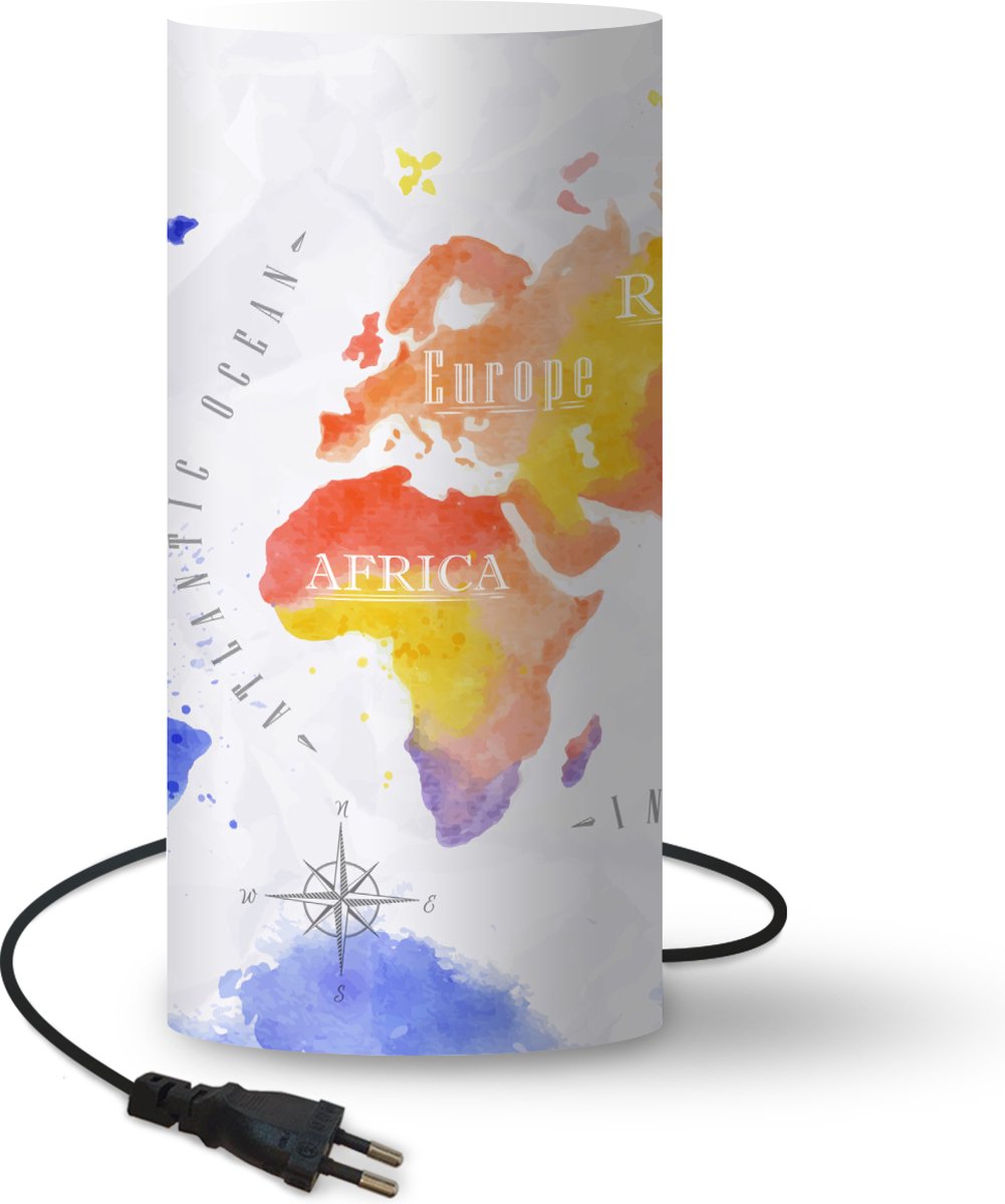 Lamp - Nachtlampje - Tafellamp slaapkamer - Wereldkaart - Waterverf - Rood - Blauw - 33 cm hoog - Ø15.9 cm - Inclusief LED lamp