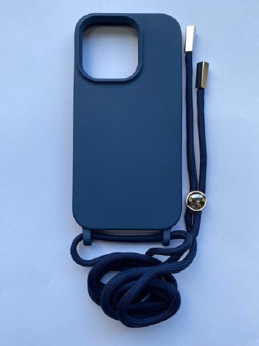 iPhone 14 Pro Max siliconen hoesje met koord - telefoonhoesje met koord - back cover met touwtje - donker blauw