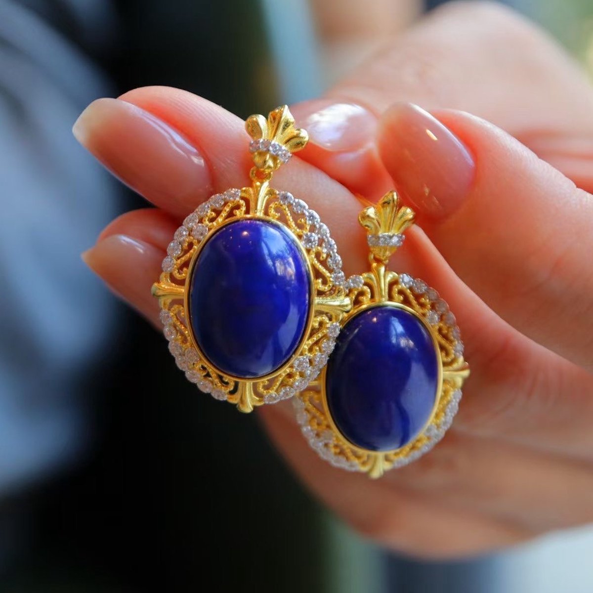 Royal stijl natuurlijke blauwe Lapis Lazuli hanger oorbellen-Goud vermeil Renaissance stijl frame-AAAA kwaliteit