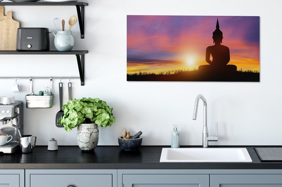 Toile - Statue de Bouddha - Silhouette - Coucher de soleil - Spirituel - Peintures salon - Peinture sur toile - Canvasdoek - 80x40 cm - Décoration murale