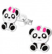 Joy|S - Zilveren panda oorbellen - roze met wit strikje - kinderoorbellen