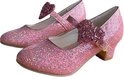 Roze glitter schoentjes met hart strik en hak, verstelbare band.