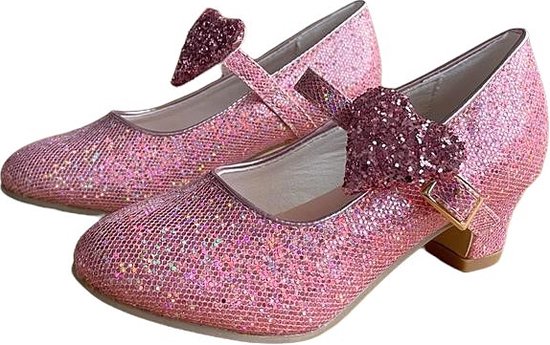 Roze glitter schoentjes met hart strik en hak, verstelbare band.