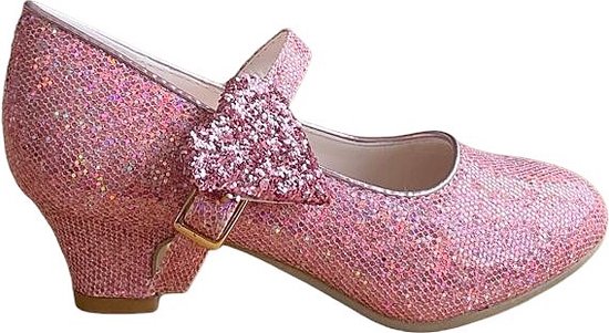 Roze glitter schoentje met hart strik en hak, verstelbare band.