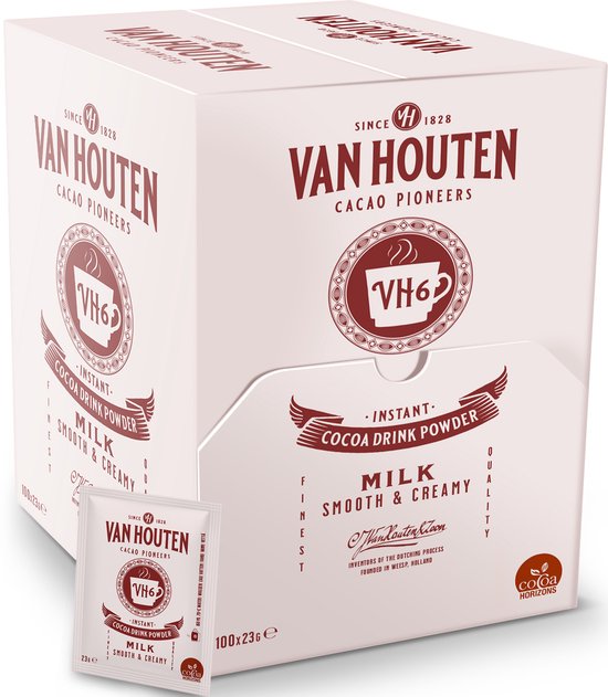 Doos met Van Houten instant cacaodrankpoeder. Rode VH6 logo op witte verpakking. 100 sticks van 23 gram.