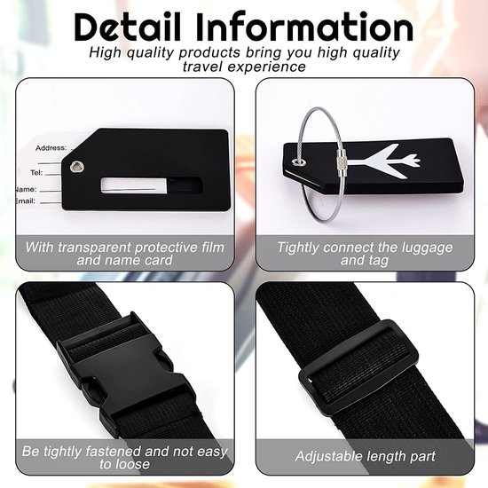BOTC Kofferriem met Kofferlabel - 4-Delig - 2 Kofferband en 2 Bagagelabel - bagageriemen - Bagageband - Verstelbaar - Zwart