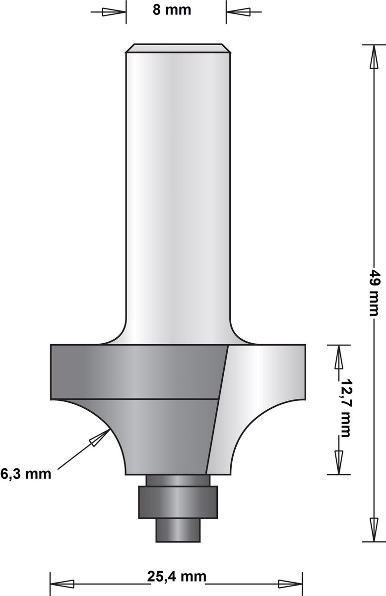 Hitachi 8 mm afrondfrees duivejager met onderlager 25.4 x 49 x 6.3 mm