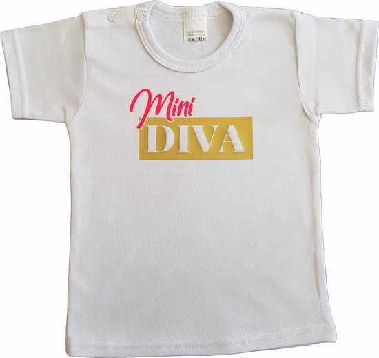 Wit baby t-shirt met "Mini Diva" - maat 80 - babyshower, zwanger, cadeautje, kraamcadeau, grappig, geschenk, baby, tekst