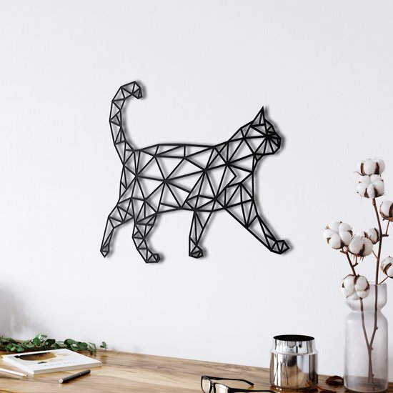 Wanddecoratie | Geometrische Kat / Geometric Cat | Metal - Wall Art | Muurdecoratie | Woonkamer | Buiten Decor |Zwart| 90x72cm