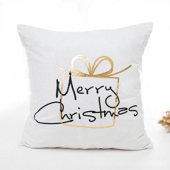 Without Lemon - Kerst Kussenhoes - Wit met gouden cadeau "Merry Christmas" - Kerst kussen - Kerstdagen - Feestdagen - Kerst - Decoratie - Woondecoratie - Kussenslopen - December - Cadeau