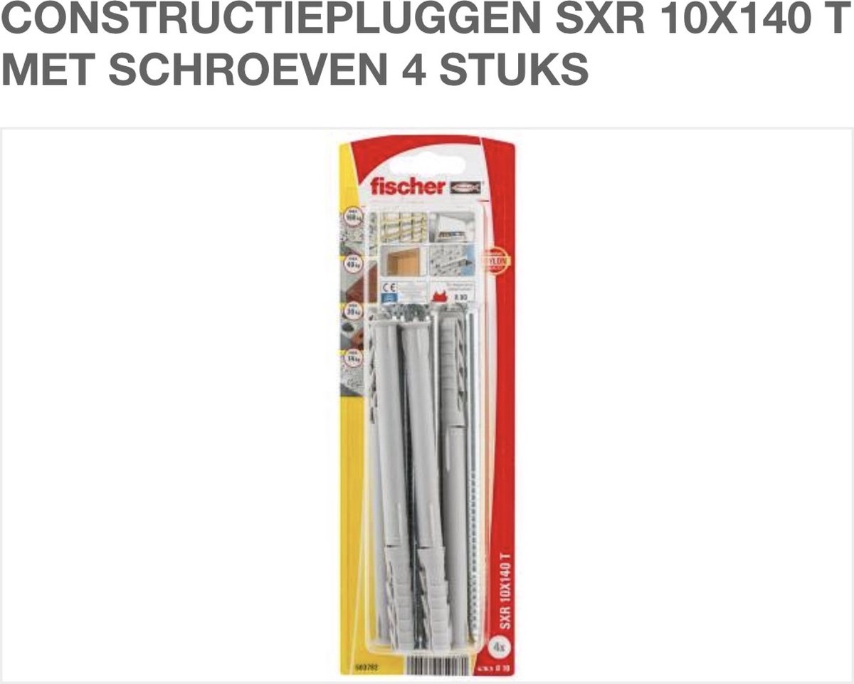 FISCHER CONSTRUCTIEPLUGGEN SXR 10X140 T MET SCHROEVEN 4 STUKS