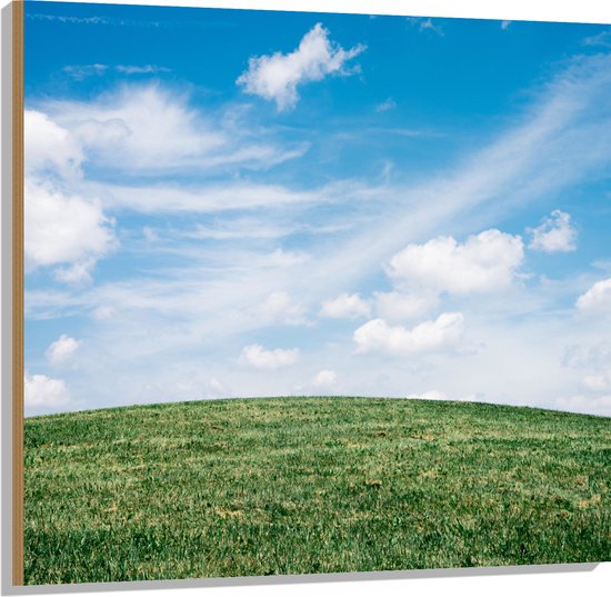 WallClassics - Hout - Heldere Lucht met Wolken boven Gras Heuvel - 100x100 cm - 12 mm dik - Foto op Hout (Met Ophangsysteem)