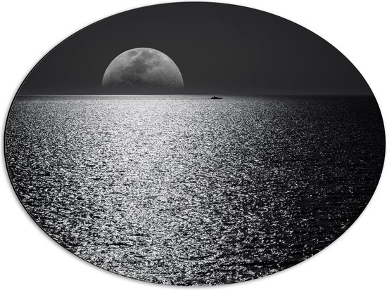 WallClassics - Dibond Ovaal - Maan aan de Horizon bij de Zee Zwart / Wit - 68x51 cm Foto op Ovaal (Met Ophangsysteem)