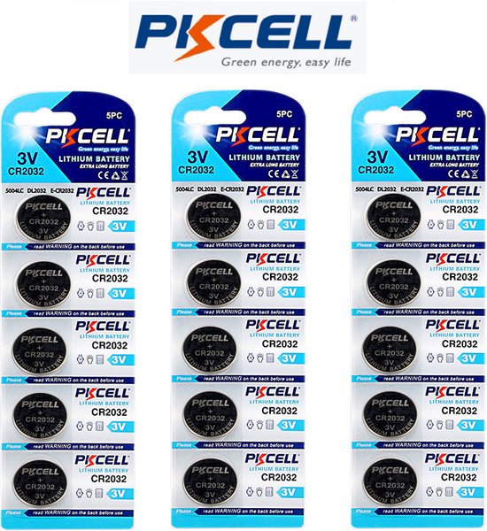 15 pièces | pkcell | CR2032 | Batterie 3V | Batterie au lithium pour calculateur de télécommande Ordinateur de montre | Cellule bouton | Pile bouton | Green Énergie - 3x blister de 5