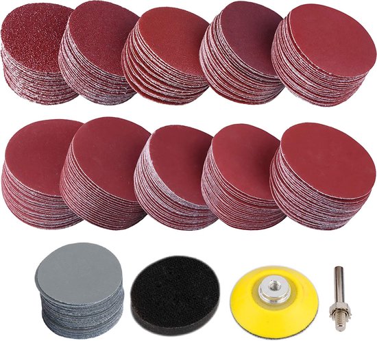 300 Stuks - Schuurschijven Kit - Diameter 5cm - Klittenband Schuurpapier Schijven - Inclusief Steunschijf En Zacht Schuim Buffer Pad - 80 180 240 320 400 600 800 1000 2000 3000 Korrelgrootte - Met Adapter - Pad Kit - Polijstpad Adapter