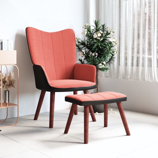 Prolenta Premium – Relaxstoel met voetenbank fluweel en PVC roze- Fauteuil – Fauteuils met armleuning – Hoes stretch – Relax – Design