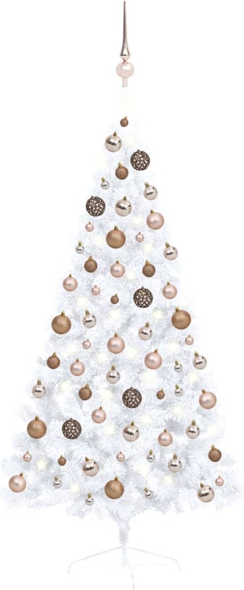 Prolenta Premium - Kunstkerstboom met LED's en kerstballen half 150 cm wit
