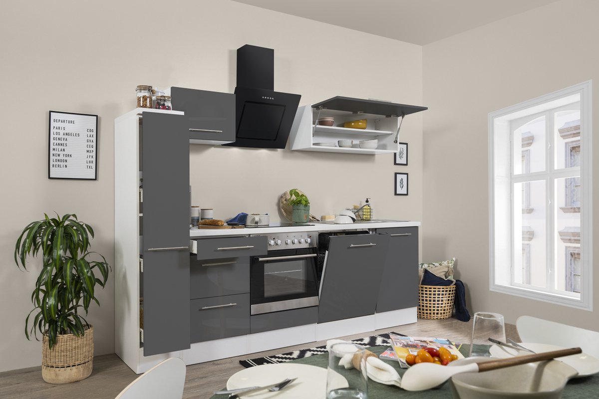 Goedkope keuken 250 cm - complete keuken met apparatuur Amanda - Wit/Grijs - soft close - keramische kookplaat - afzuigkap - oven - spoelbak