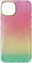 Casemania Hoesje Geschikt voor Apple iPhone 14 Roze & Geel - Extra Stevig Glitter Regenboog Siliconen Back Cover
