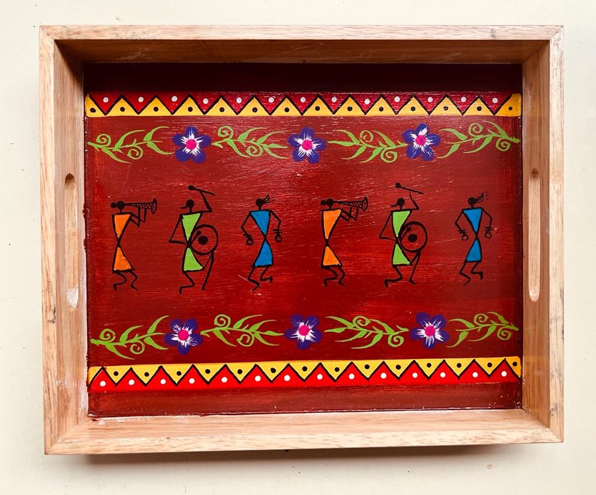 Hand Painted Warli Art Wooden Tray - Brown