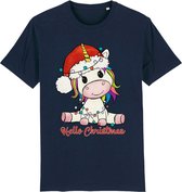 Jongens Meisjes T Shirt - Unicorn Kerstmis - Blauw - Maat 116