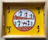 Hand Painted Warli Art Wooden Tray - Yellow