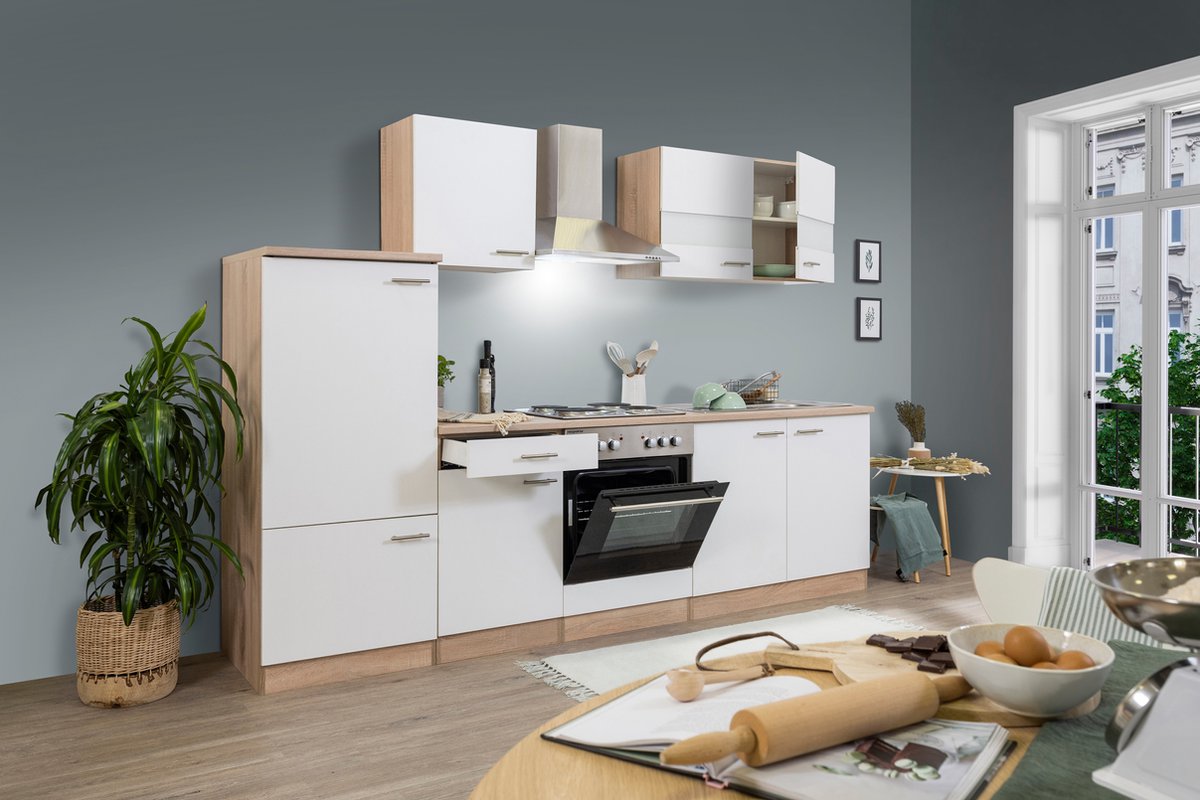 Goedkope keuken 270 cm - complete keuken met apparatuur Merle - Eiken/Wit - soft close - elektrische kookplaat - afzuigkap - oven - spoelbak