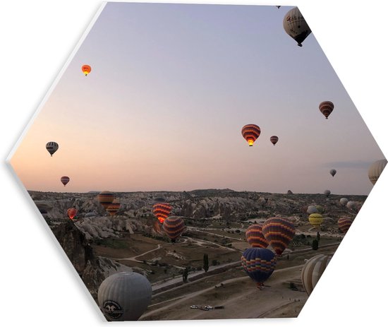 WallClassics - PVC Schuimplaat Hexagon  - Luchtballonnen boven Bergachtig Landschap - 30x26.1 cm Foto op Hexagon (Met Ophangsysteem)