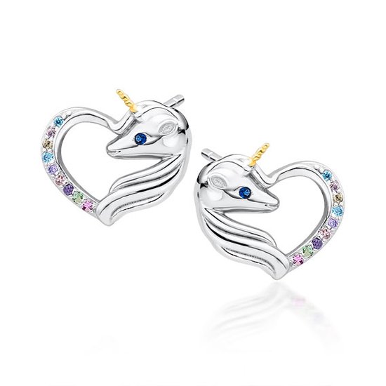 Joy|S - Zilveren hartje met eenhoorn oorbellen - 11 x 12 mm - unicorn zirkonia multicolor - gehodineerd