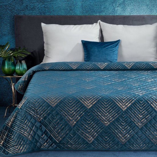 Oneiro’s luxe VICTORIA Beddensprei Blauw - 220x240 cm – bedsprei 2 persoons - beige – beddengoed – slaapkamer – spreien – dekens – wonen – slapen