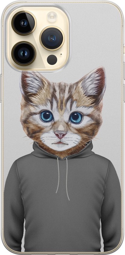 Coque iPhone 14 Pro Max silicone - Chat mignon - Coque souple pour téléphone - Chat - Transparent, Grijs