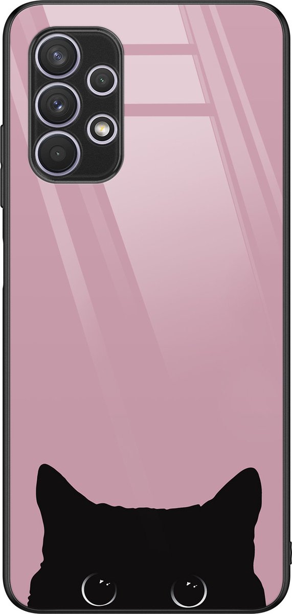 Hoesje geschikt voor Samsung Galaxy A32 5G - Zwarte kat - Hard Case Zwart - Marmer - Roze - Mooie Telefoonhoesjes