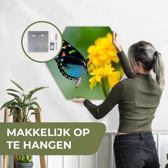 Hexagon wanddecoratie - Kunststof Wanddecoratie - Hexagon Schilderij - Vlinder - Bloem - Dier - Insect - 75x65 cm