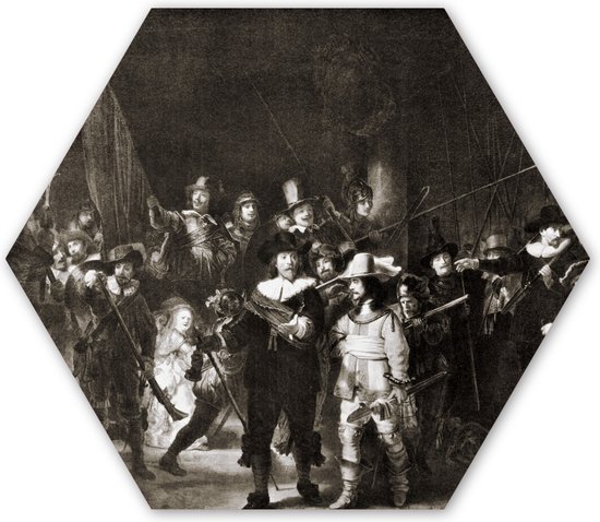 Hexagon wanddecoratie - Kunststof Wanddecoratie - Hexagon Schilderij - De Nachtwacht in zwart-wit - Rembrandt van Rijn - 120x103 cm