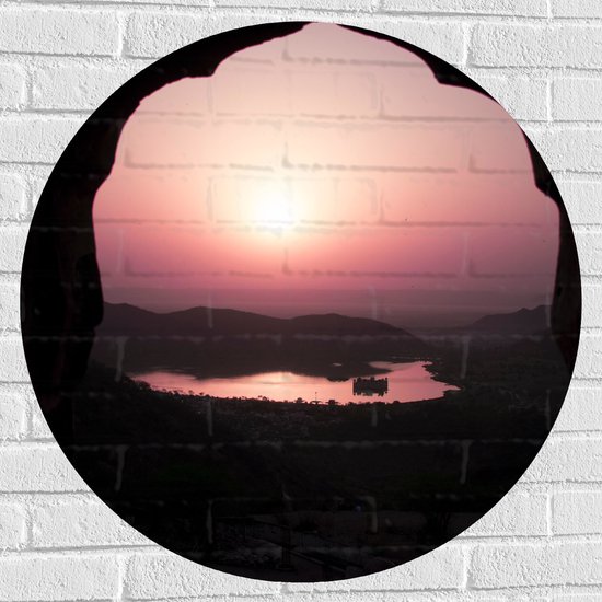 WallClassics - Muursticker Cirkel - Roze Kleurige Zonsondergang - 80x80 cm Foto op Muursticker