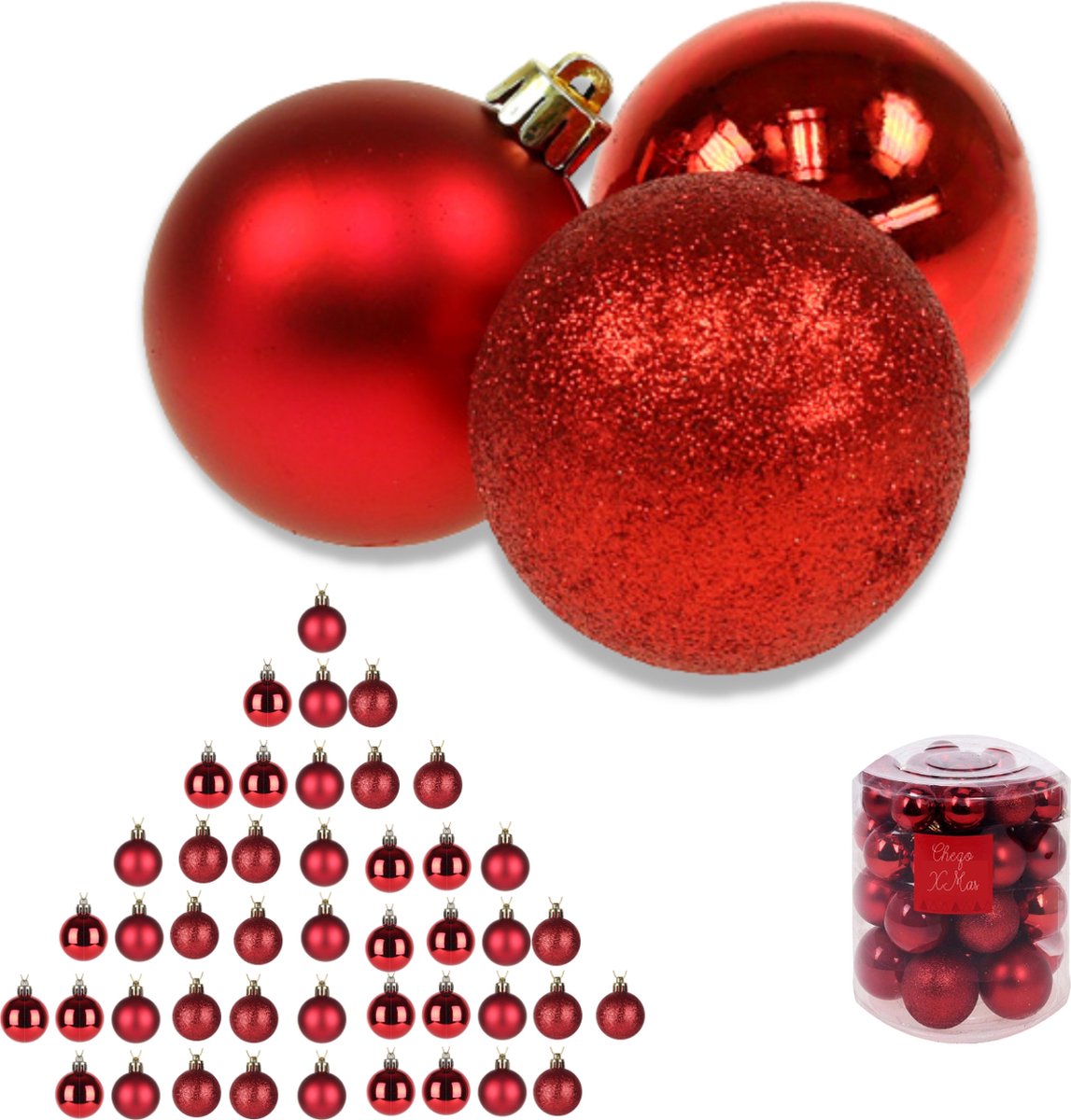 Cheqo® XL Kerstballen Set - Rode Kerstballenset - 44 Stuks - Onbreekbaar Plastic - Rood