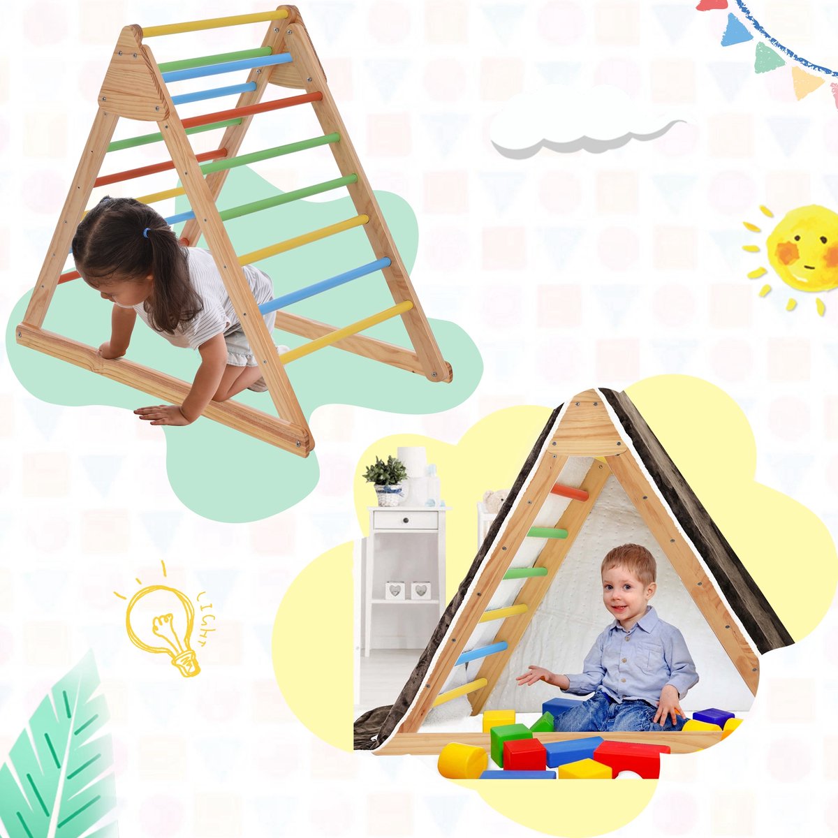 labebe Klimboog, speciale regenboog, klimdriehoek voor kinderen, indoor boogwip van hout, babyhobbelpaard vanaf 3 jaar