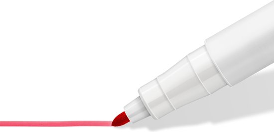 Marqueur blanc avec une pointe rouge traçant une ligne rouge sur fond blanc.