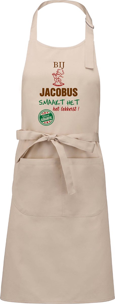 Naamcadeau - Naamschort - Keukenschort met je naam - BBQ schort - verjaardag - vaderdag - beige - het smaakt het lekkerst bij: Jacobus