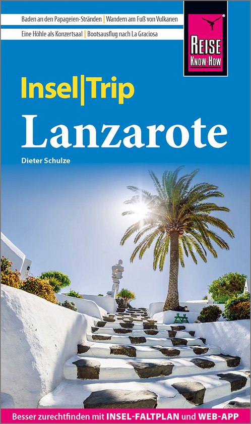 Livre 'Insel Trip Lanzarote' avec un escalier et des palmiers sous un ciel ensoleillé.