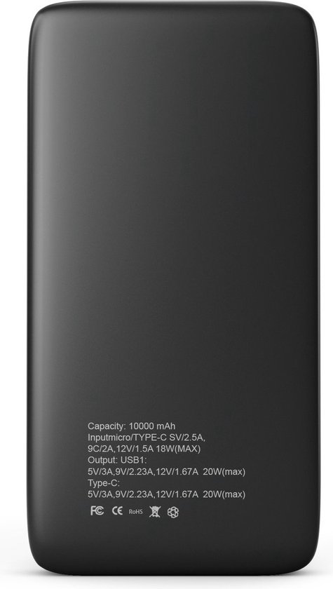 Achterkant van zwarte powerbank met specificaties: 10000 mAh, 20W.